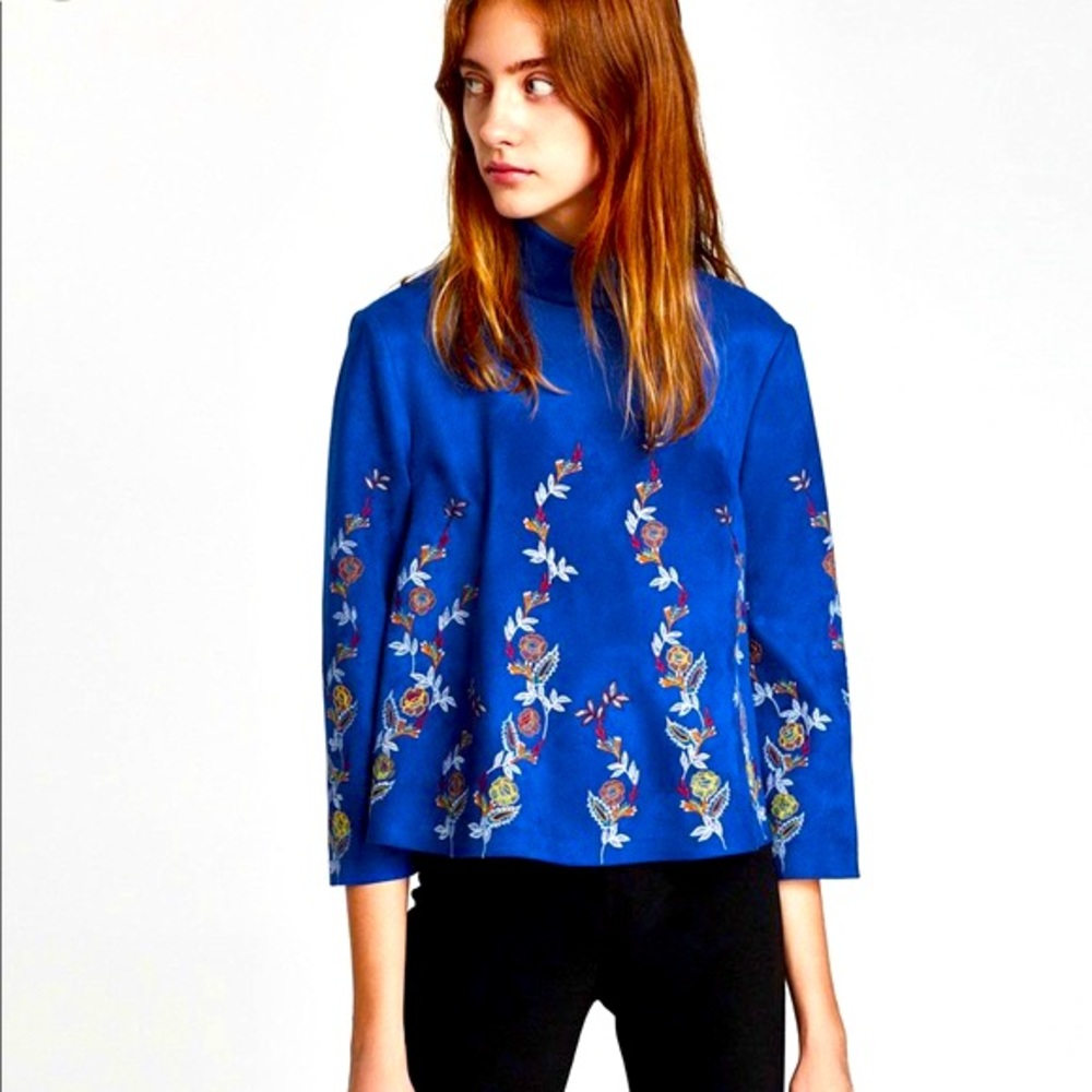 Zara Embroidered Floral Blue Top Size M